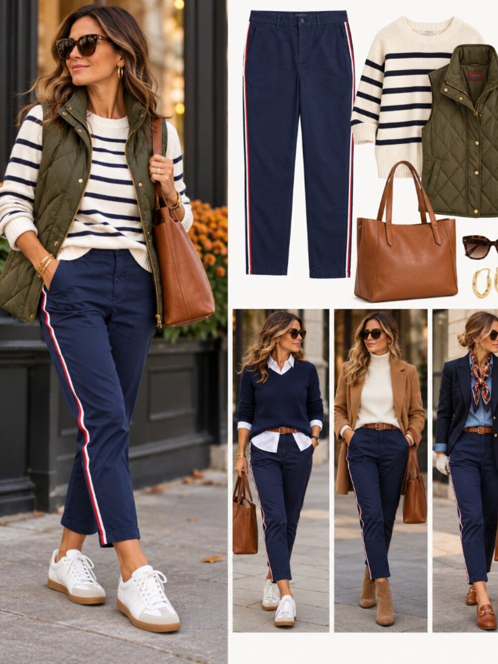 Tommy Hilfiger Navy Cropped Chino Pants Women 12 Preppy Streetwear Side Stripe